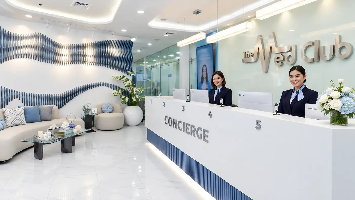 The Med Club concierge desk with two staff